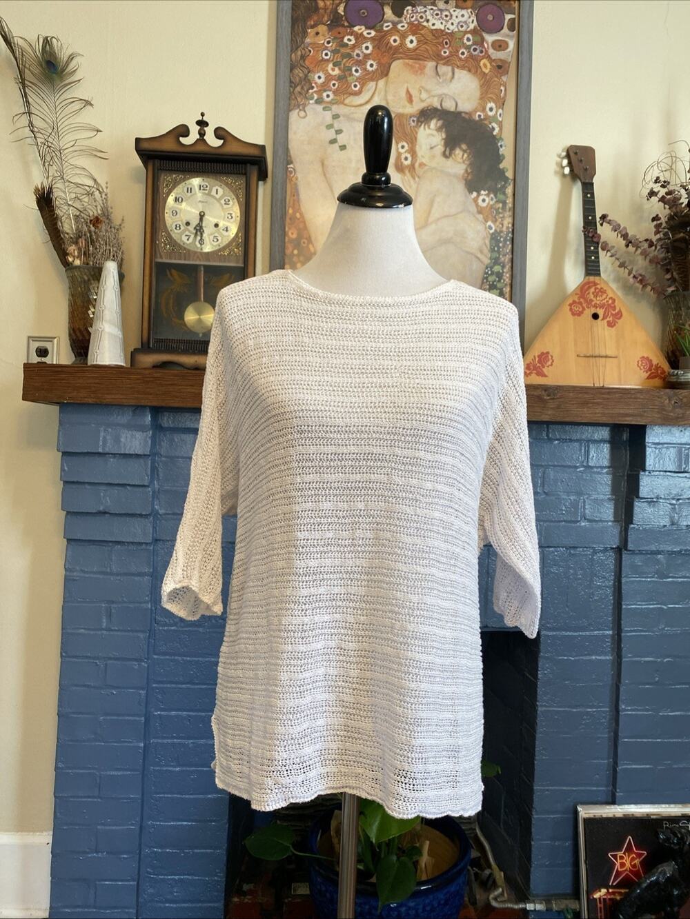 J. JILL Large Pure Jill White Short Sleeve Crochet Knit Woven Pullover Sweater